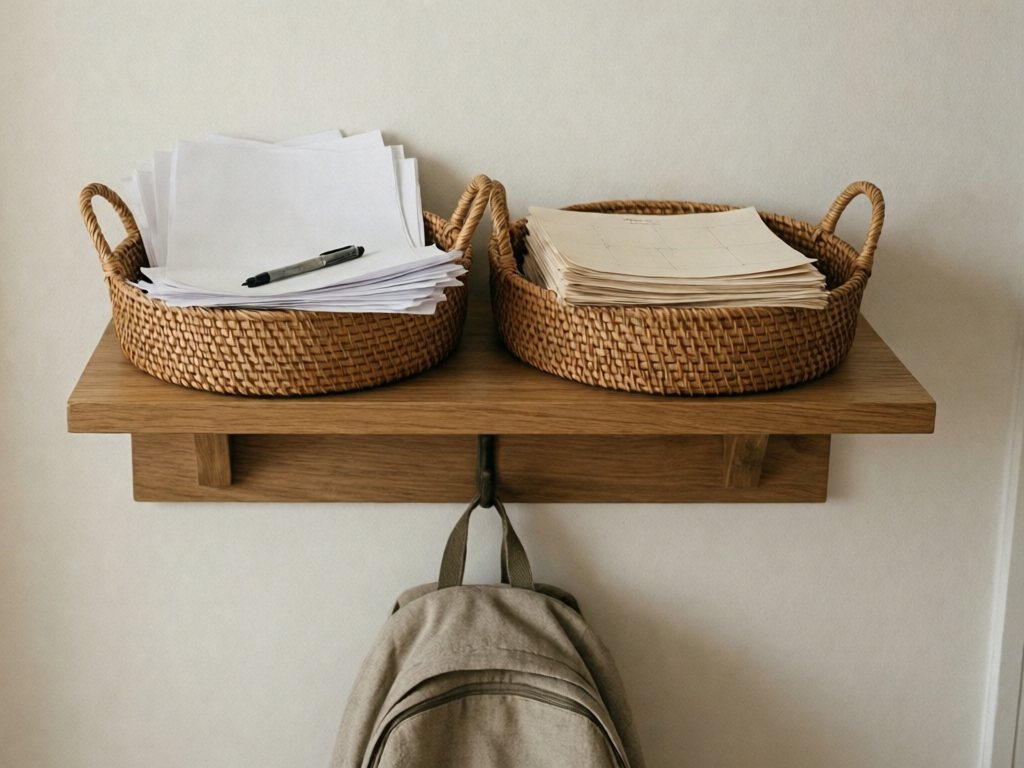Two shallow woven baskets for papers on a wall shelf above a backpack hook