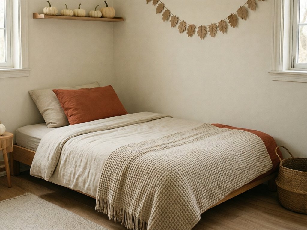 Calm neutral fall child's bedroom with oat throw, rust pillowcase and kraft paper leaf garland high on the wall