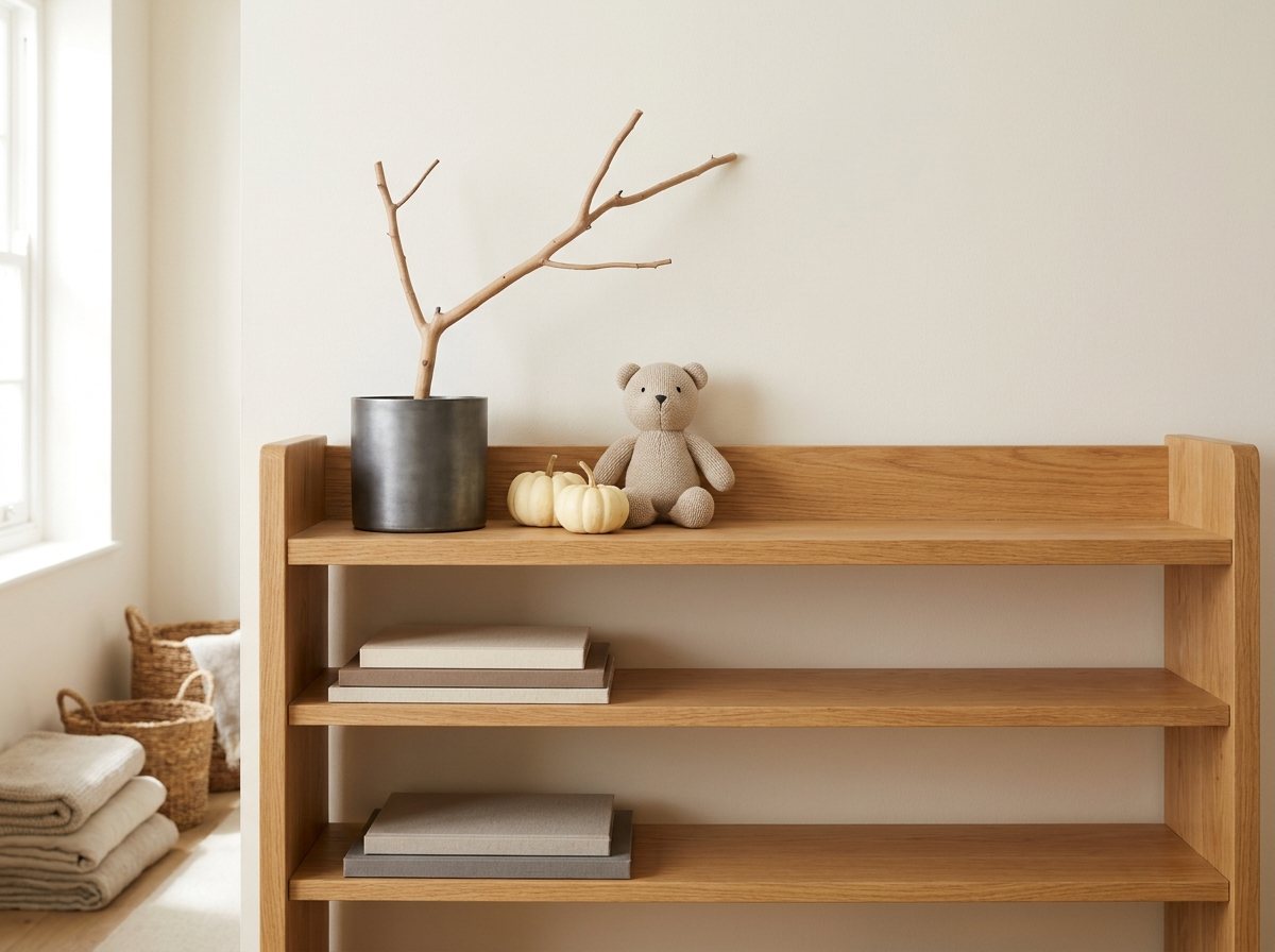 Anchored wood shelf with a branch in a metal container, two cream mini pumpkins and a stuffed animal