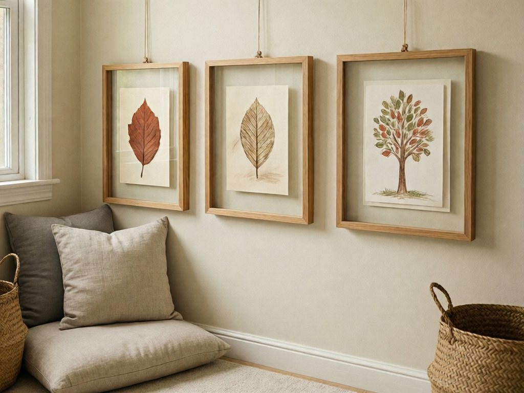 Three small frames at child height holding a pressed leaf, a leaf rubbing and a crayon drawing