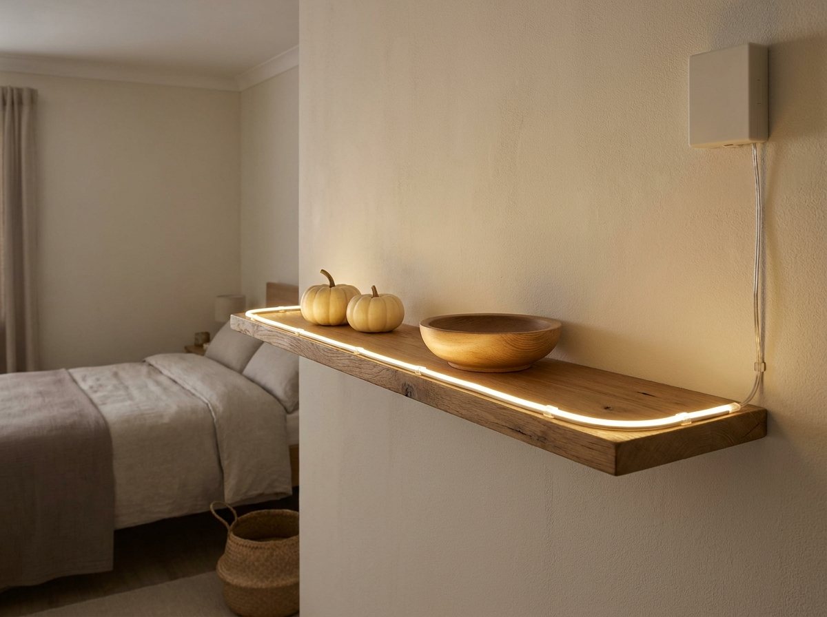 Warm-white string lights lying flat along a wall shelf with the battery box mounted high on the wall