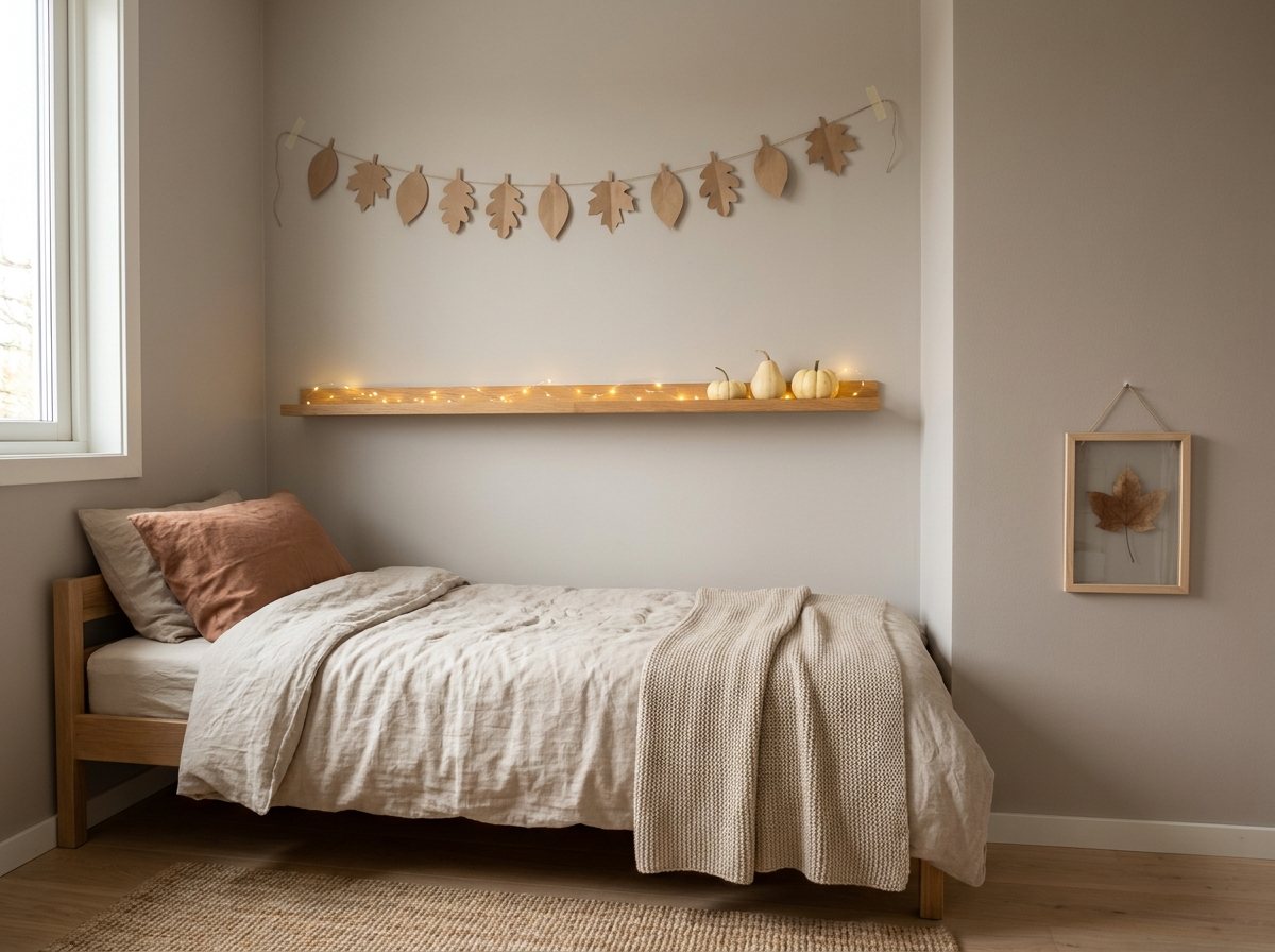 Child's bedroom styled for fall with oat throw, rust pillowcase, paper garland, string lights and mini pumpkins