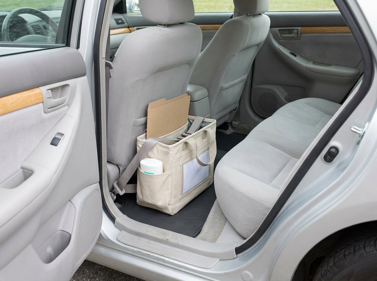 Oatmeal canvas caddy strapped in with a seatbelt on a non-slip mat on a car's rear floor