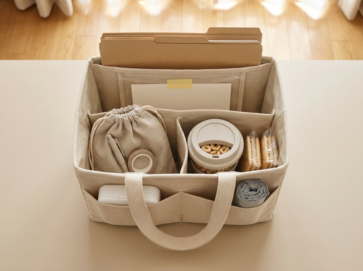 Overhead view of an oatmeal canvas caddy with five organized compartments for paper, tools, snacks and wipes