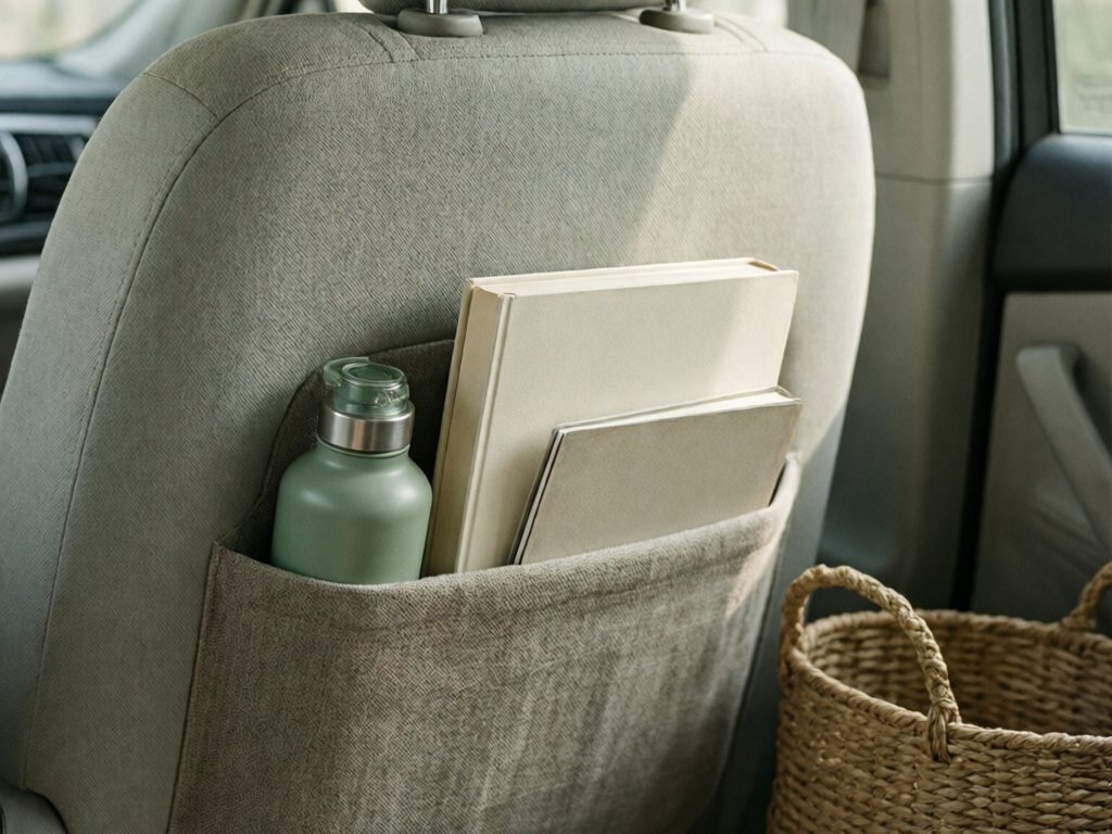 Sage water bottle, board book and sketch pad tucked into a car seat-back pocket within a child's reach