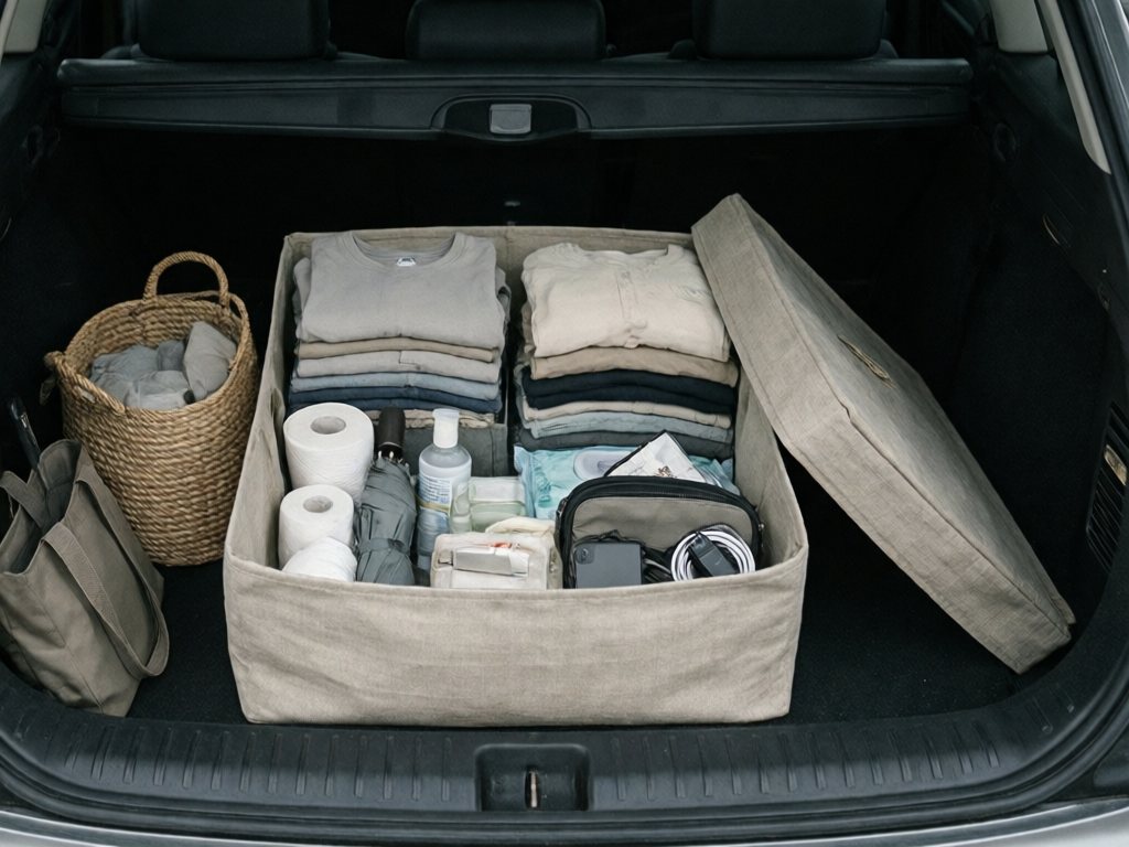 Open lidded bin in a car trunk holding spare clothes, umbrella, wipes, first-aid pouch and tote