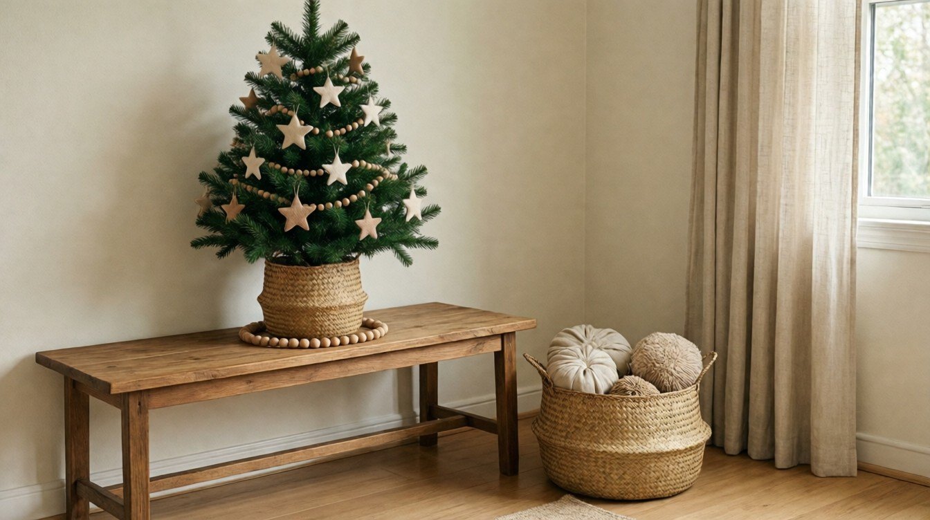 Small Christmas tree with soft felt stars on a wooden table, and a basket of plush ornaments on the floor