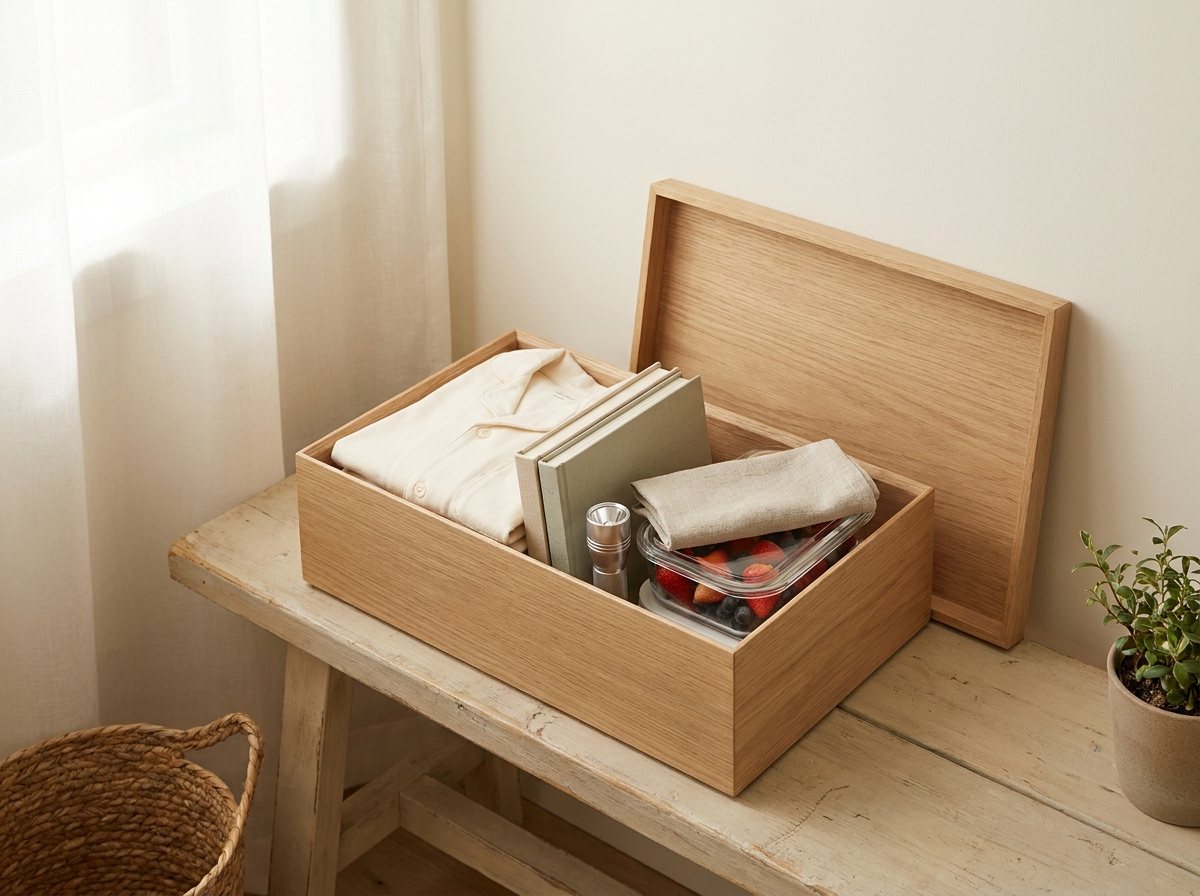 Low oak Christmas Eve box holding folded cream pajamas, plain board books, a small flashlight and a snack container