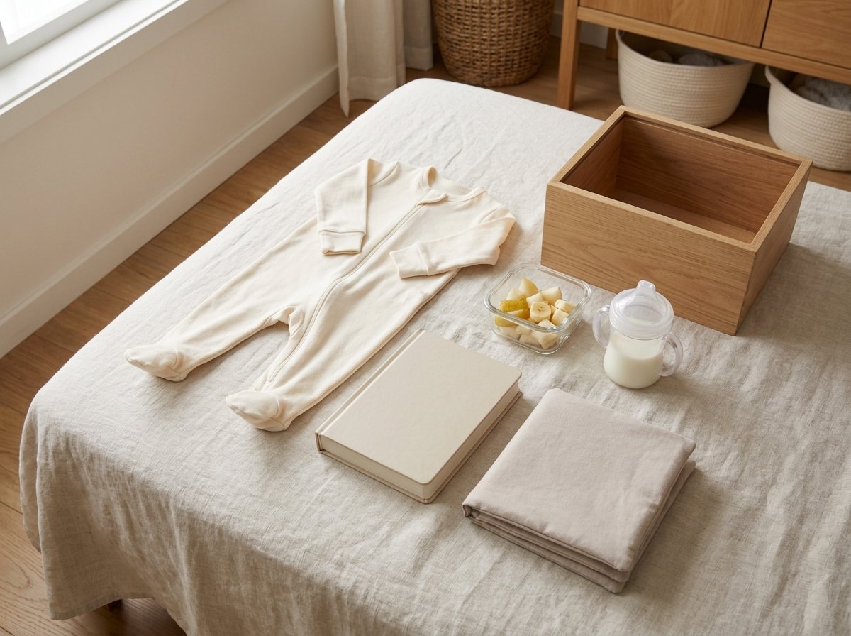 Overhead of folded pajamas, board book, cloth book, soft fruit container and sippy cup beside an oak box