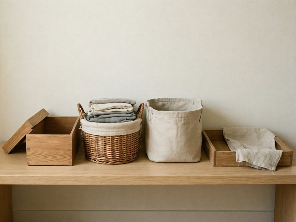 Oak box, lined rattan basket, canvas fabric bin and cloth-covered tray lined up on a low bench