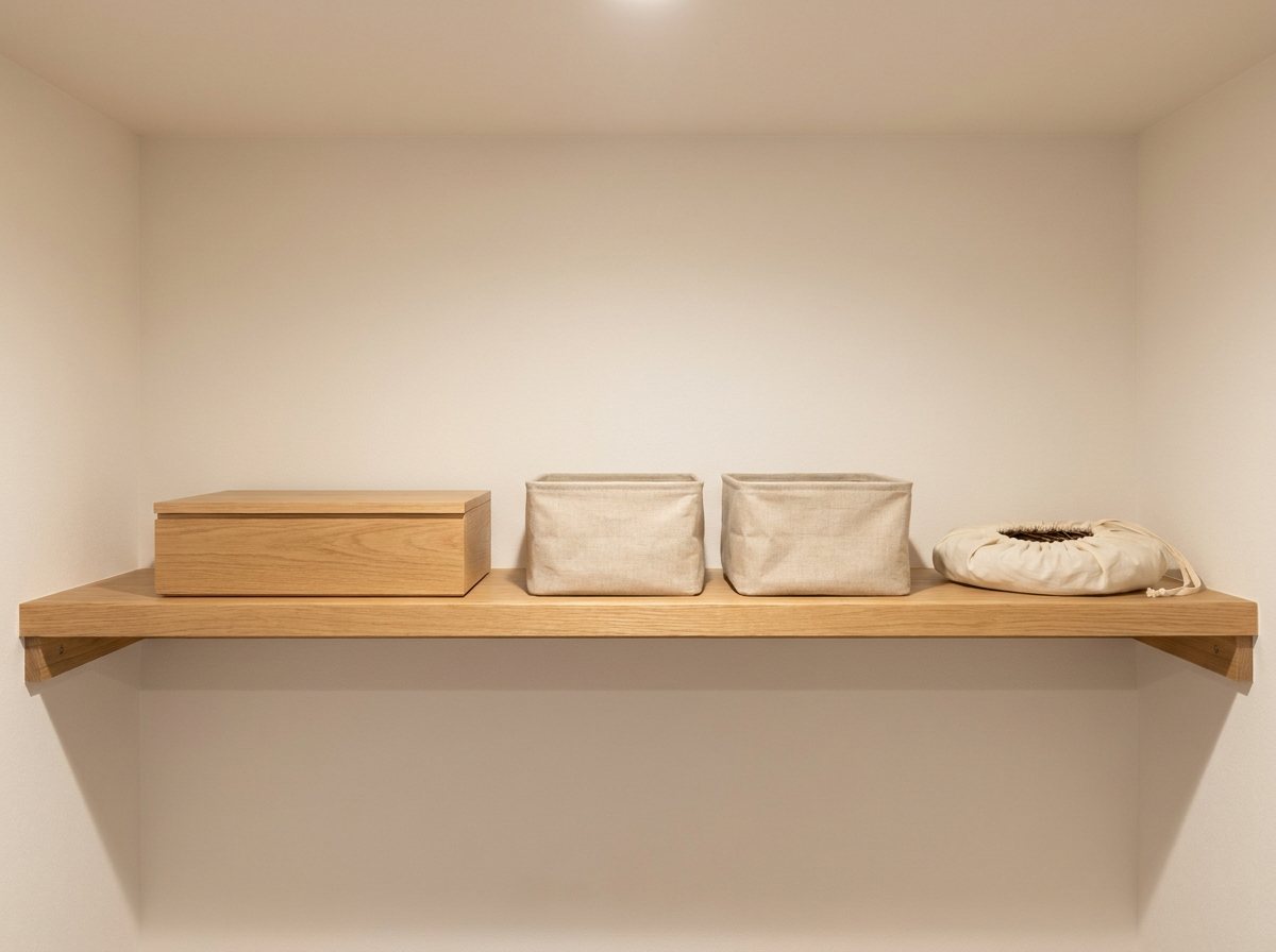 Oak Christmas Eve box stored on a tidy closet shelf next to plain fabric decor bins