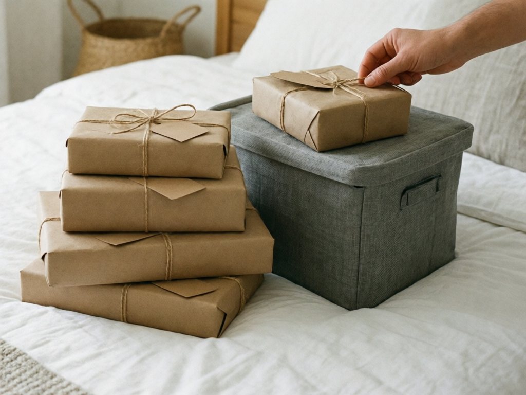 Five kraft-paper wrapped gifts with twine and blank tags beside a lidded bin on a white-sheeted bed