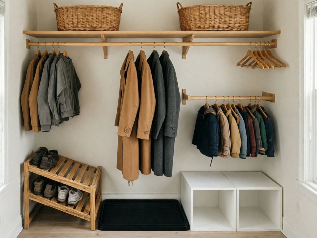 Open reach-in coat closet with baskets above, coats on a rod, shoe rack, boot tray and low kid cubes below