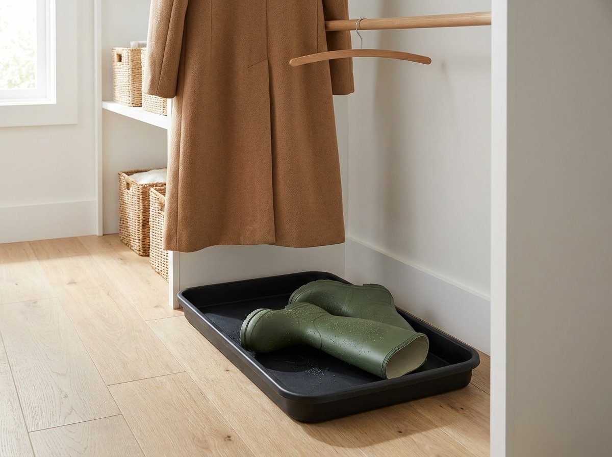 Rubber boot tray holding rain boots on their sides beneath the hem of a long camel coat
