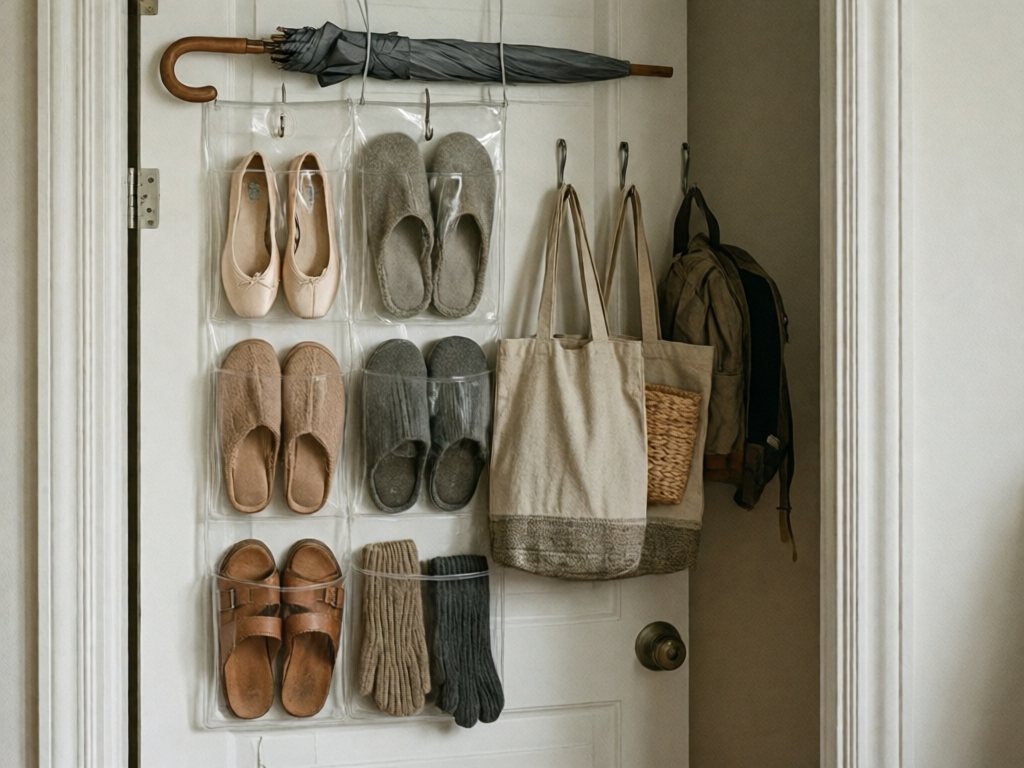 Back of a closet door with clear shoe pockets holding flats and slippers, hooks with a tote and a closed umbrella