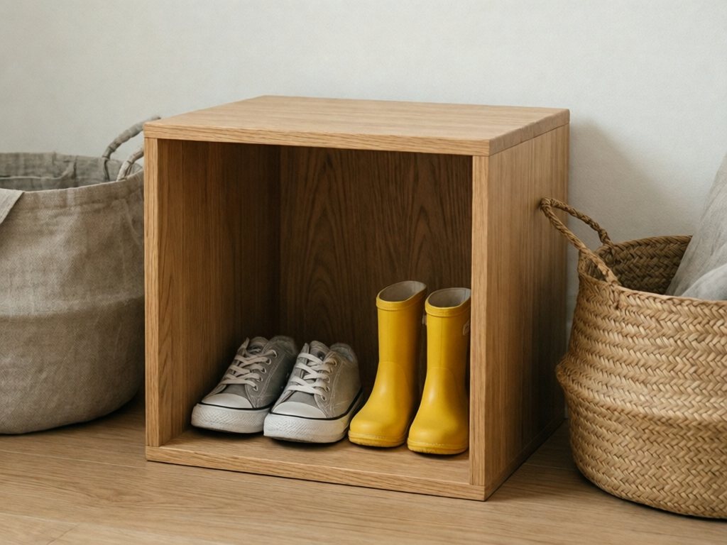 Single low open oak cube on a closet floor holding a child's gray sneakers and yellow rain boots