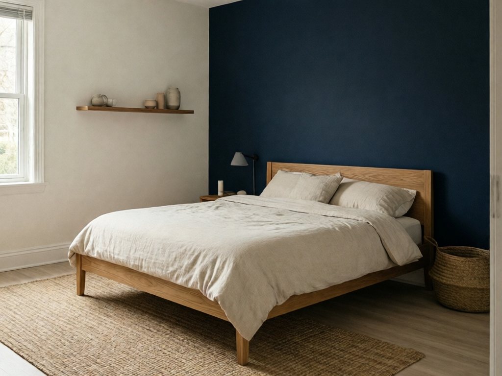 Child's bedroom with warm white walls and a deep navy accent wall behind a natural wood bed