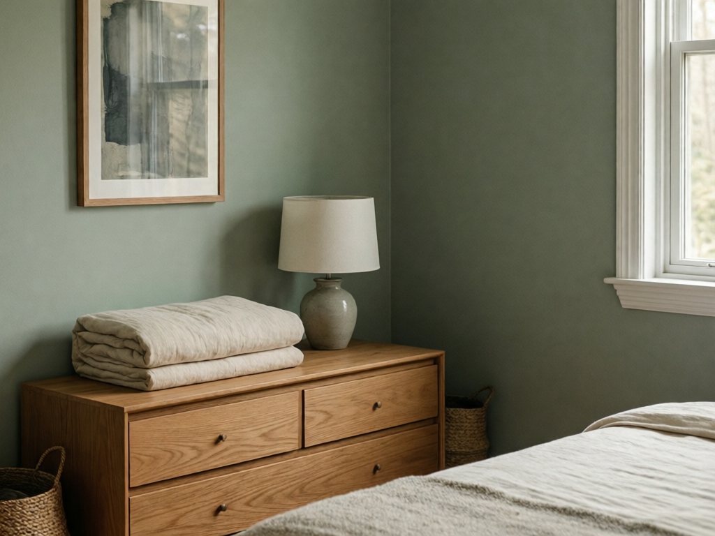 Bedroom corner with sage green walls, wood dresser, cream throw and small lamp