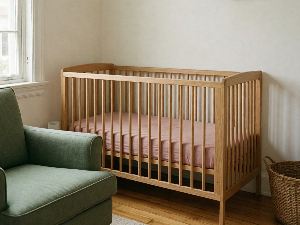 Nursery with warm white walls, a wood crib with a dusty rose fitted sheet, and a sage green armchair on the floor