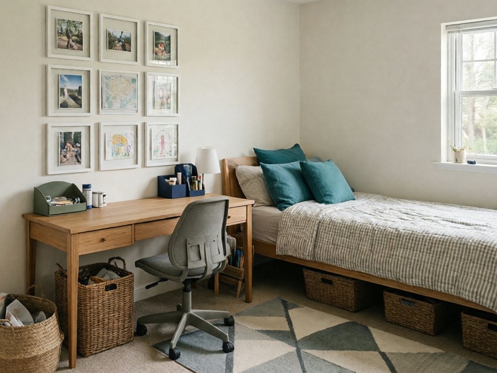 Kid's room with a nine-frame gallery wall above a desk, a bed with teal pillows and a geometric rug nearby