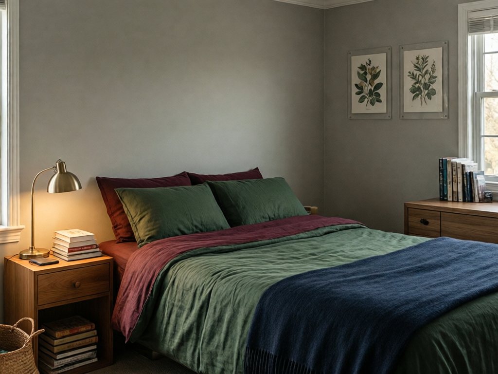 Teen bedroom with greige walls, forest green and burgundy bedding, brass lamp and botanical prints over a desk