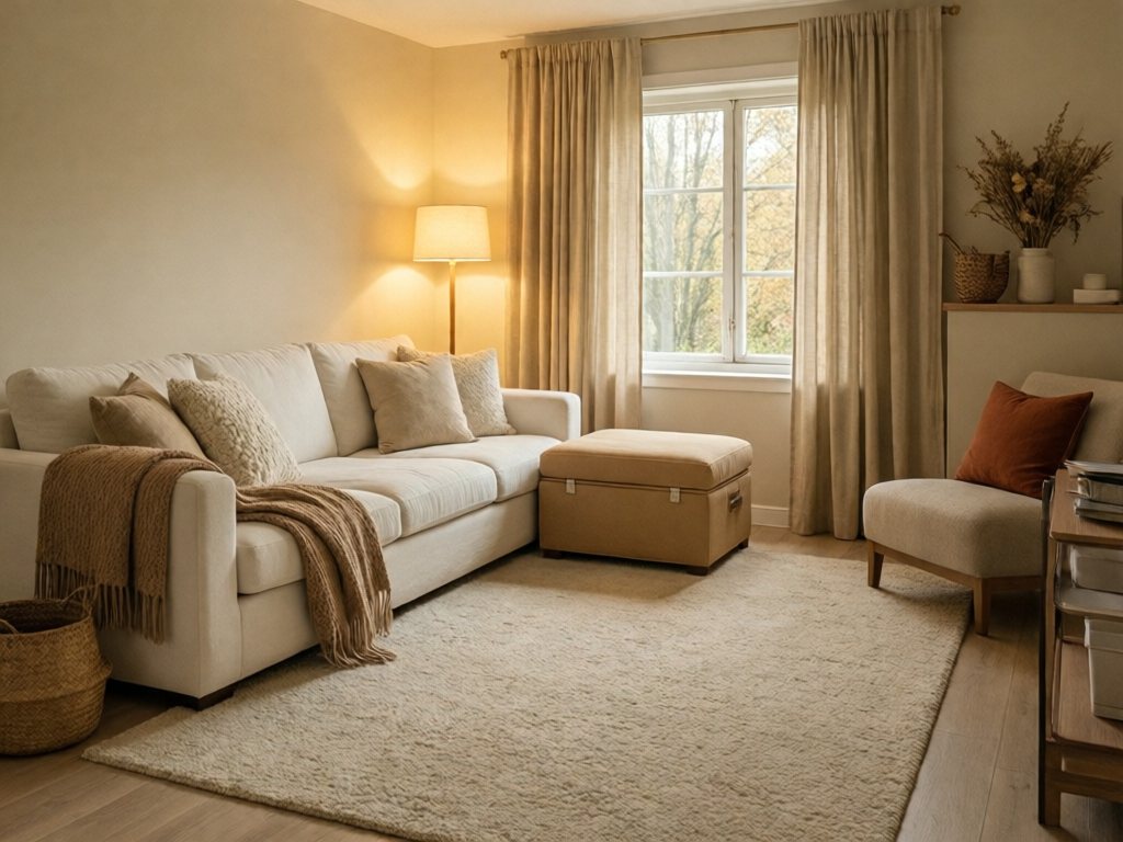 Small neutral family living room with sofa, open low-pile rug, camel ottoman and high-hung curtains