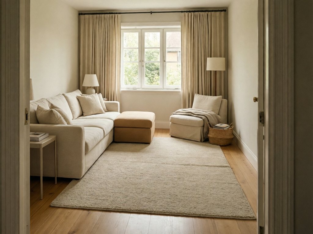 Small living room with sofa on long wall, open center rug and reading corner beside the window