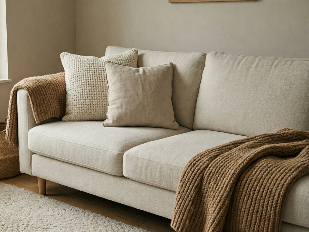 Sofa with a cream bouclé pillow, oatmeal linen pillow and camel knit throw draped over the arm