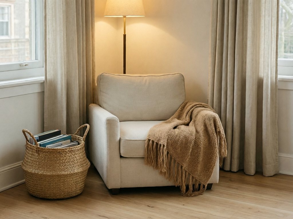Cream slipper chair with throw and book basket in a corner beside a window
