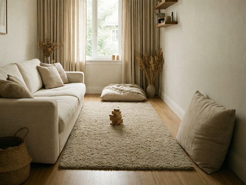 Narrow living room with sofa on one wall, lengthwise rug and a floor cushion at the end