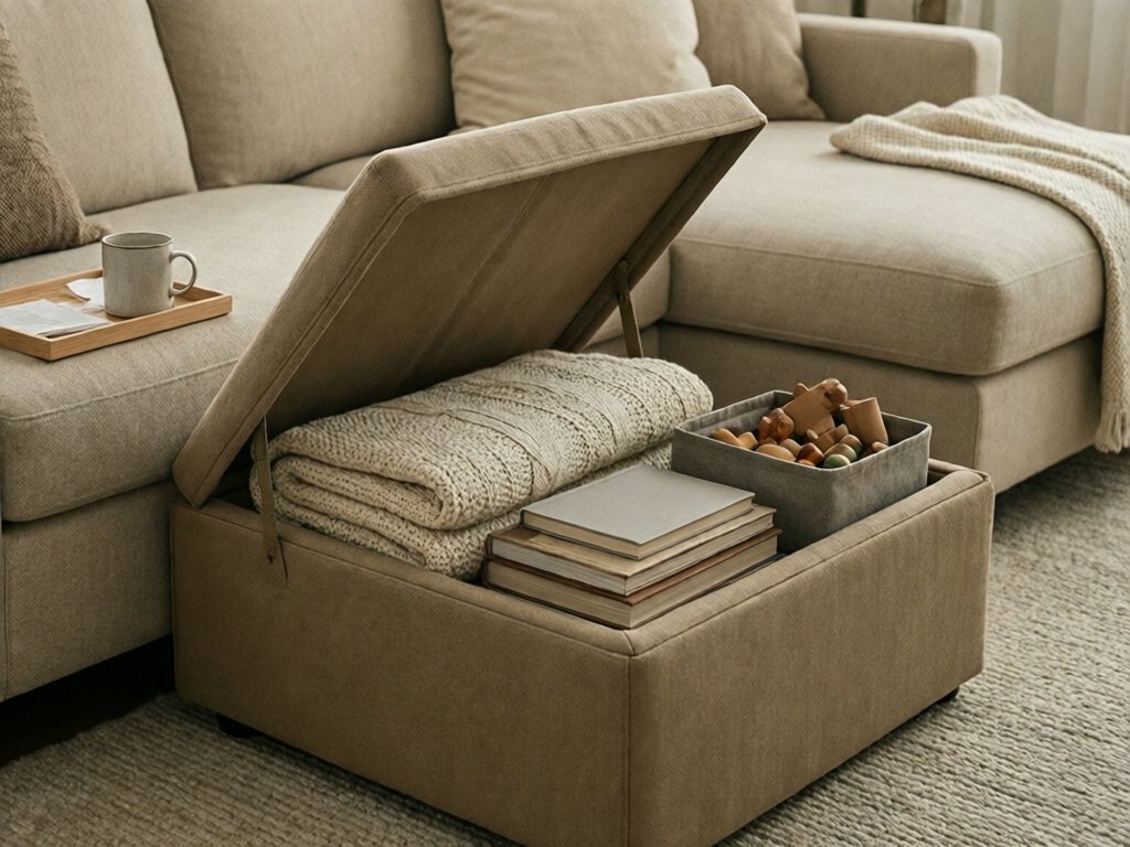 Open camel storage ottoman holding a folded throw, board books and a small toy bin beside a sofa