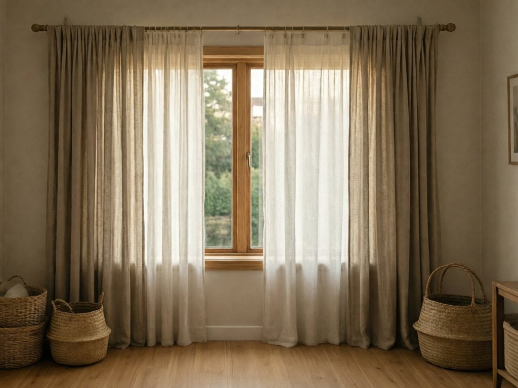 Floor-length oatmeal curtains layered over a sheer, hung high and wide on a rod beside a bare window