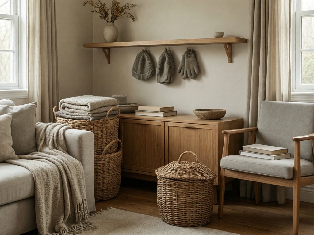 Woven baskets, wall hooks and a closed cabinet keeping a small living room tidy and cozy