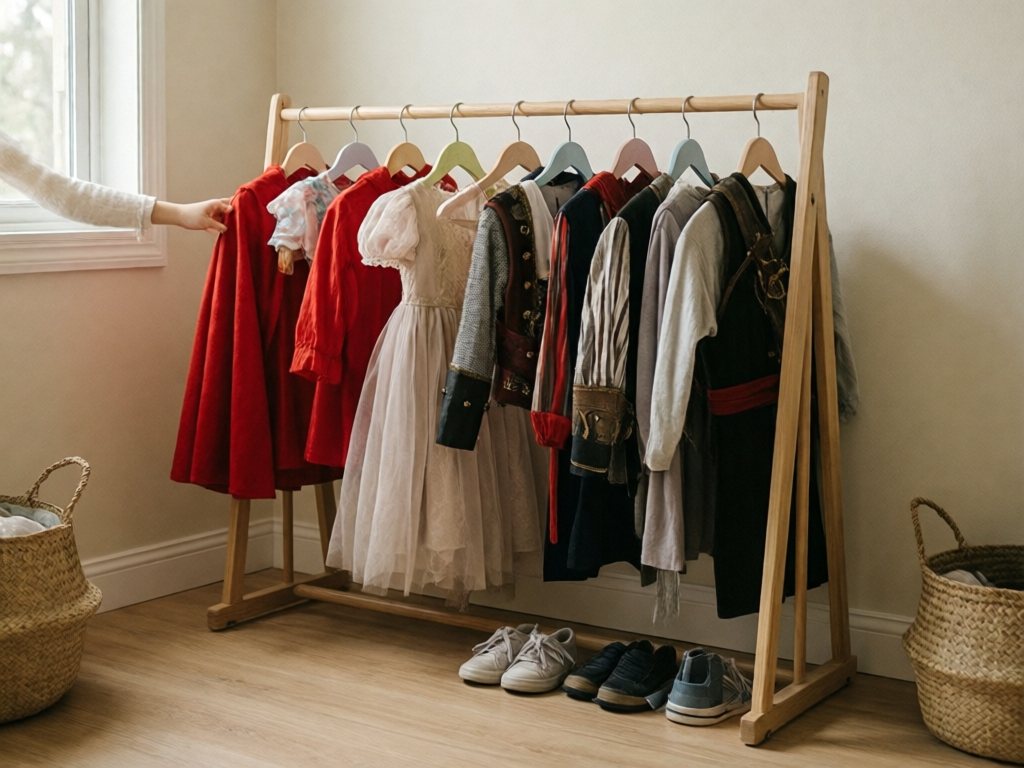 Low kid-height clothing rack with costumes hanging facing outward on small hangers in a neutral playroom corner