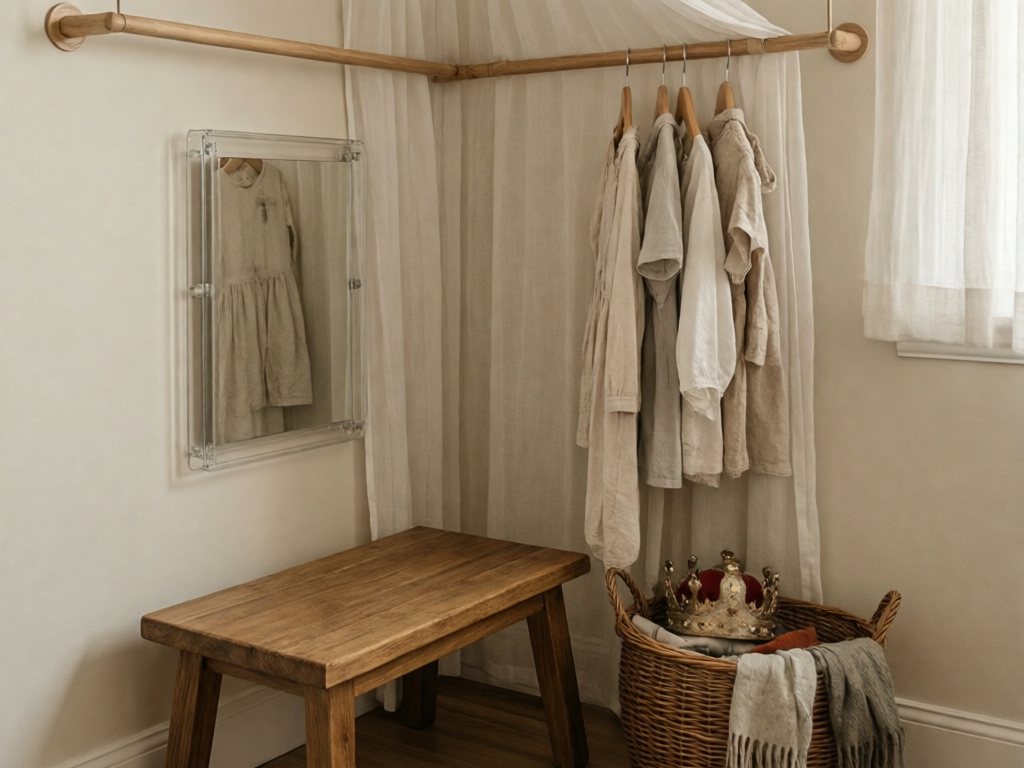 Corner dress-up nook with sheer curtain on two stud-mounted rods, wall-mounted shatterproof kid-height mirror, low wooden stool and basket of accessories