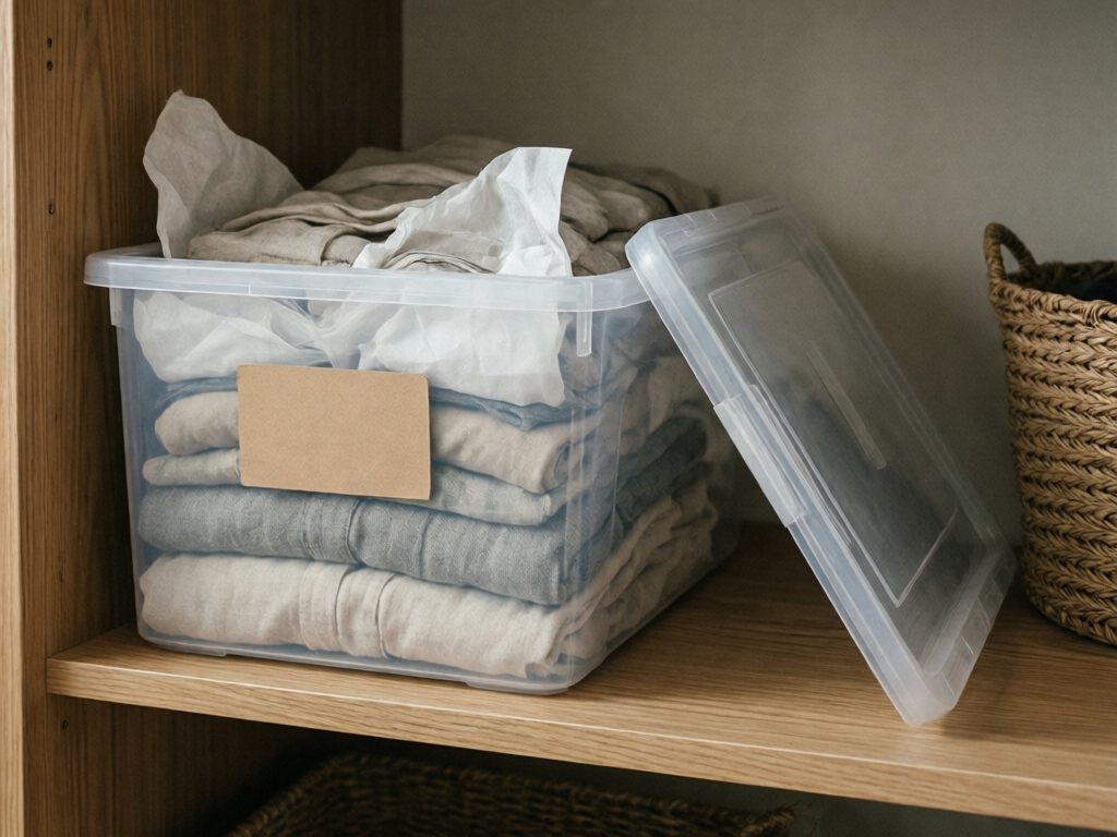 Clear labeled storage bin with a loose lid set beside it, holding loosely folded costumes with tissue paper tucked into a structured piece, on a high closet shelf