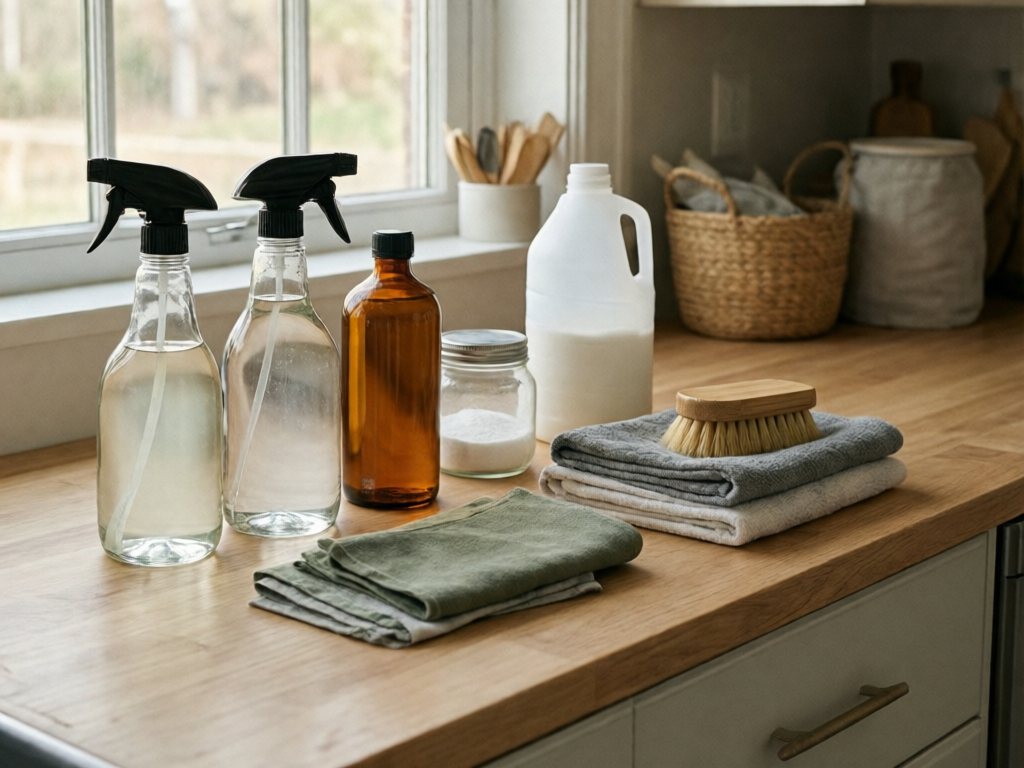 Glass spray bottles, castile soap, baking soda, microfiber cloths and bamboo brush on a butcher-block counter
