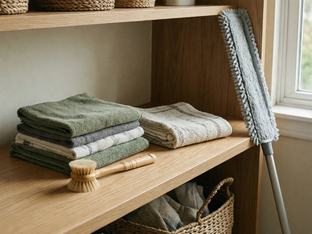 Microfiber cloths, bamboo scrub brush, Swedish dishcloth and flat mop on a light wood shelf