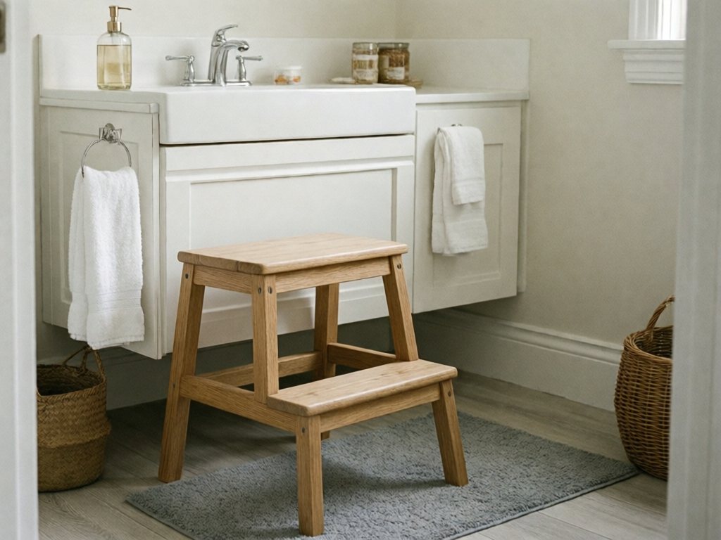 Bathroom sink with wooden step stool, pump soap and low towel hook set up for a child