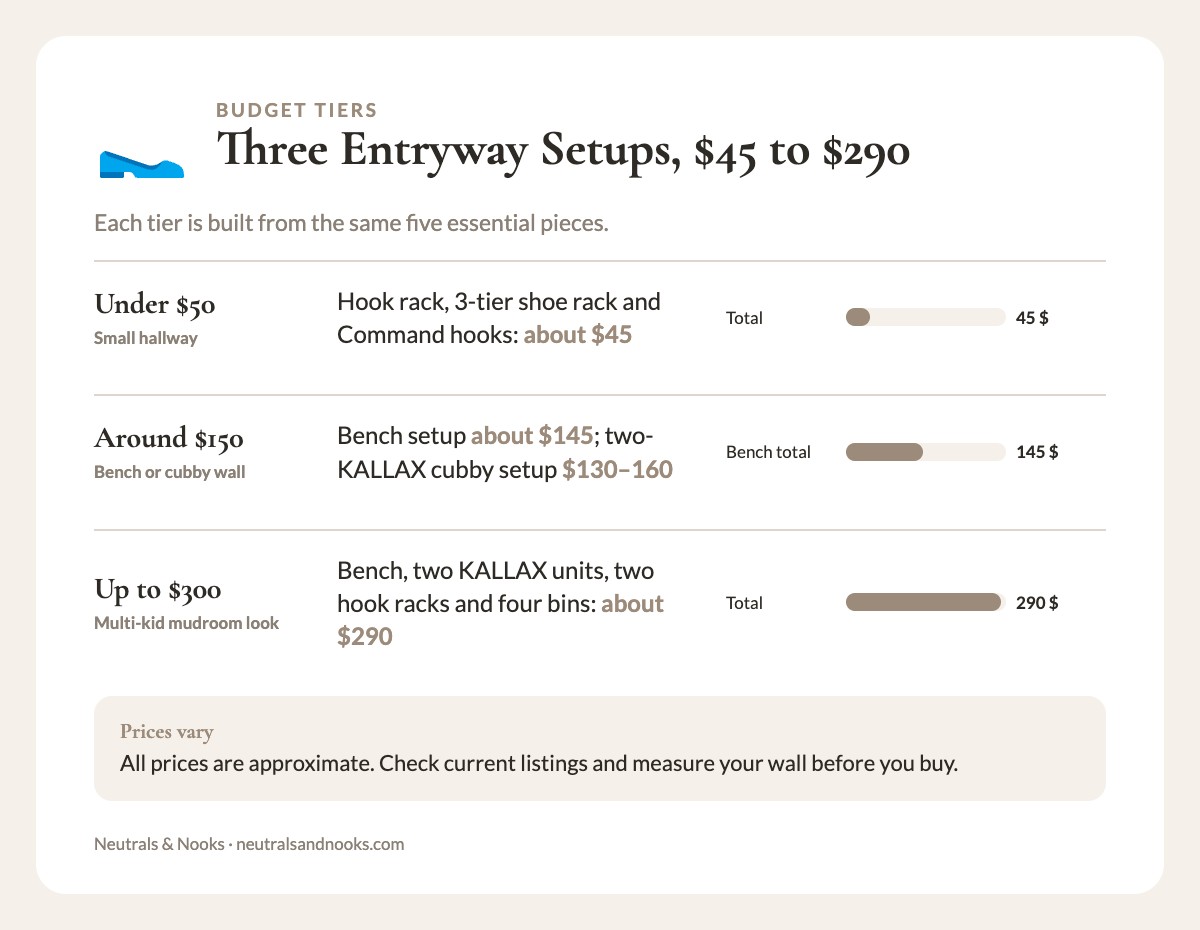 Info card comparing three entryway setups: under $50, around $150 and up to $300, with approximate totals