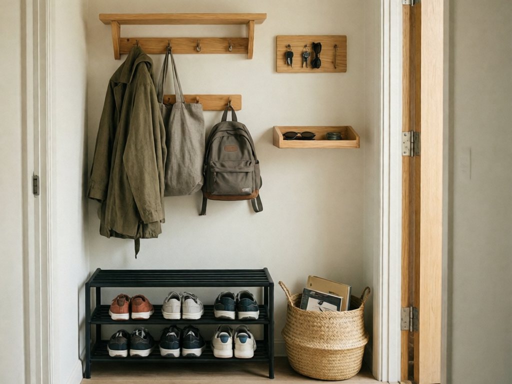 Tidy entryway wall with oak hook rack, kid-height hooks, 3-tier shoe rack, key tray and woven outbox basket