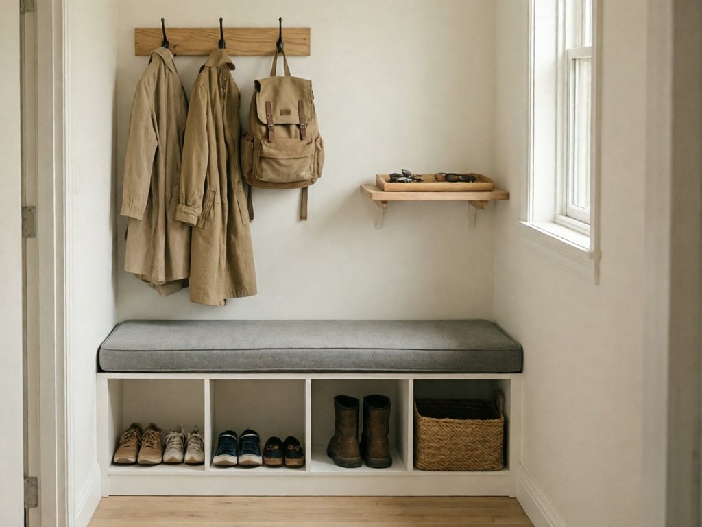 White storage bench with shoe cubbies, oak hook rack above and small key shelf in a bright hallway