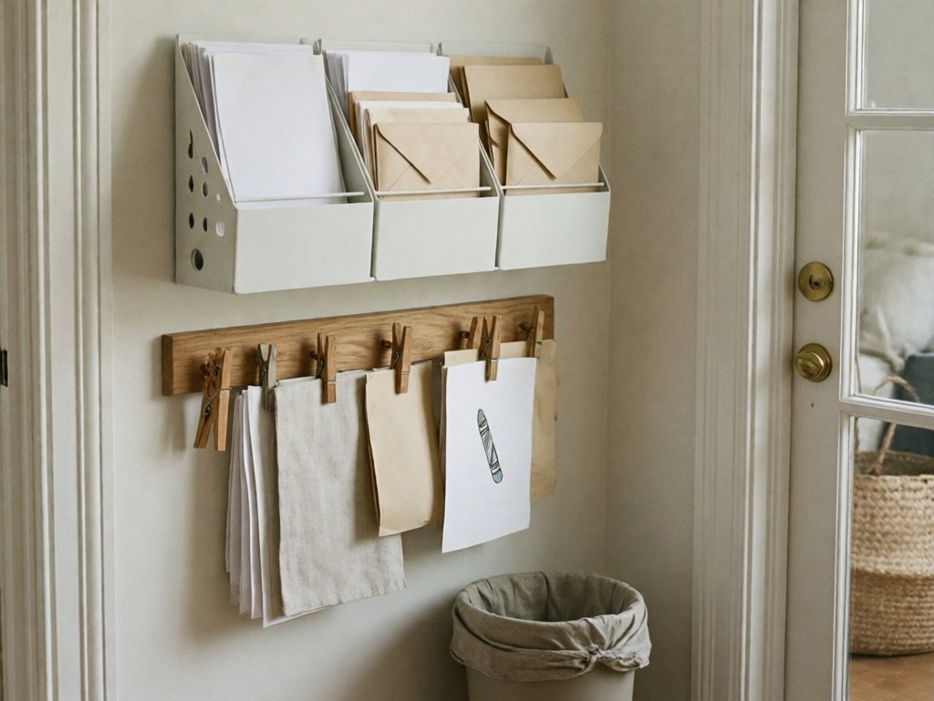 Three-slot wall file organizer by the door with a low clothespin rail holding school papers and a recycling bin on the floor