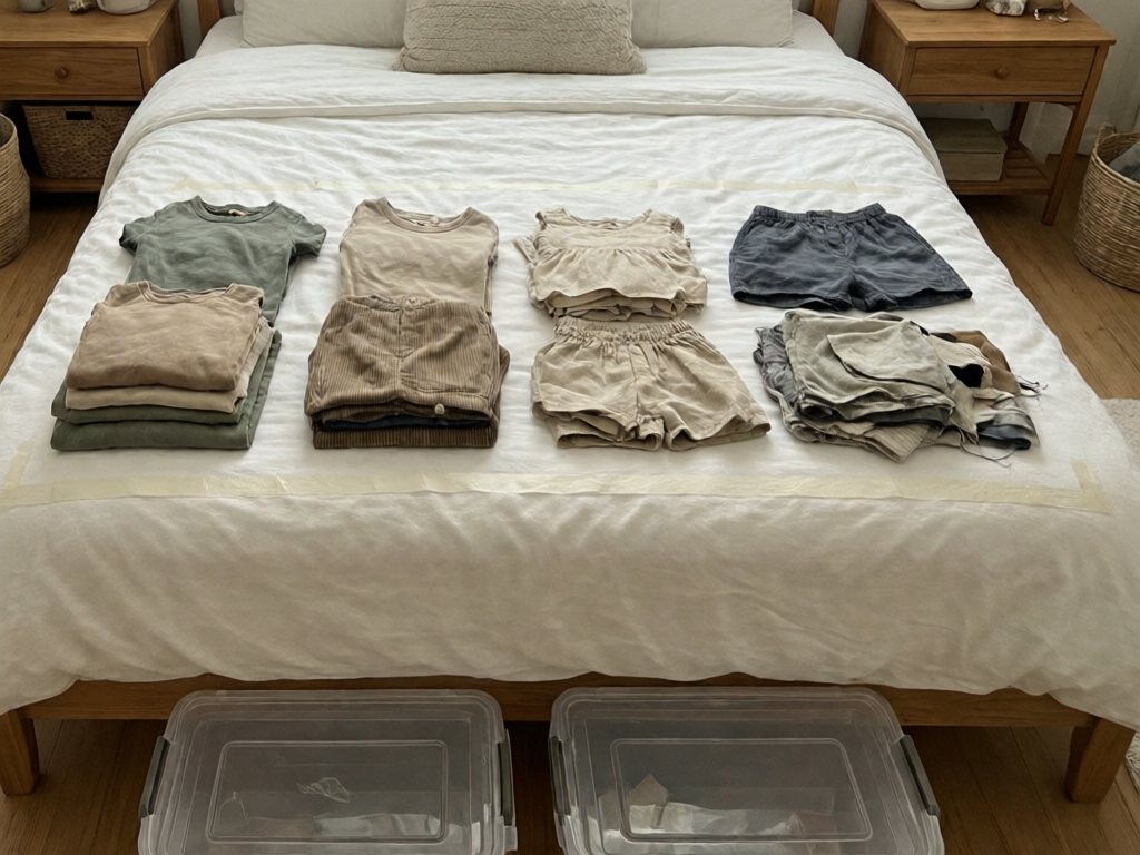 Four sorted piles of kids' clothes on a made bed, each marked with blank painter's tape, with empty bins nearby