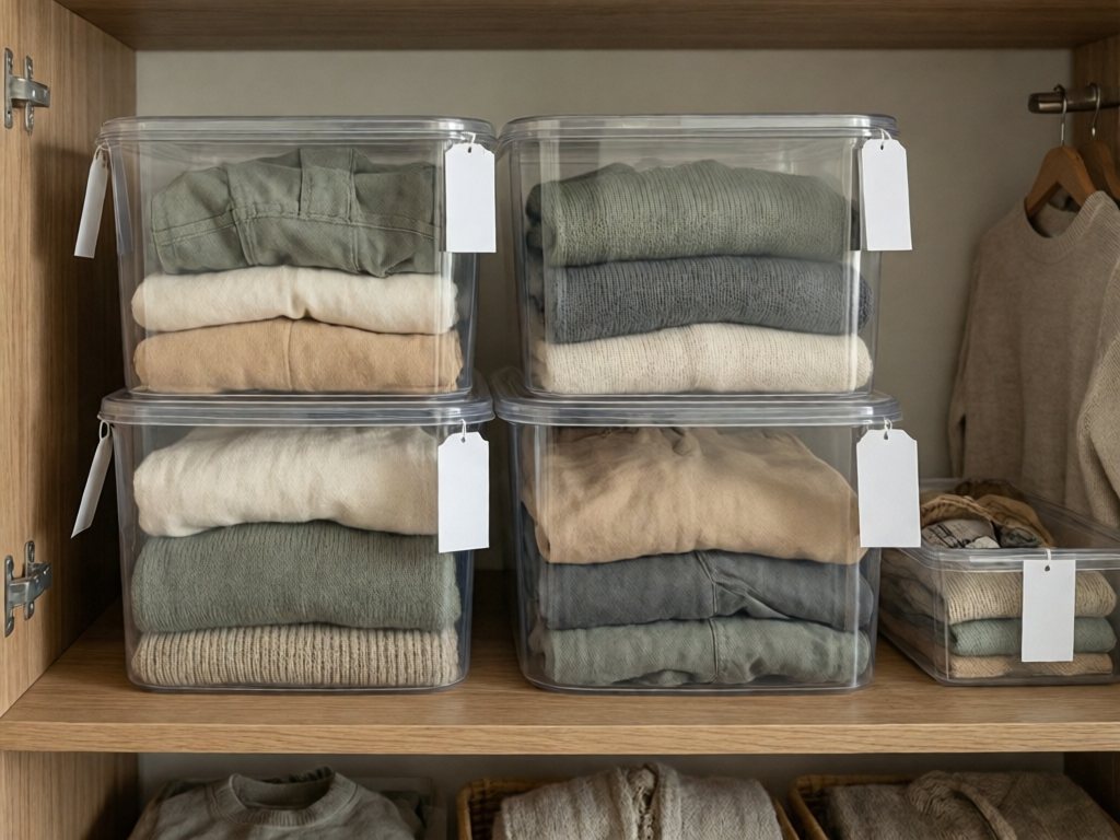 Four clear lidded bins stacked on a closet shelf holding neatly rolled neutral kids' clothes