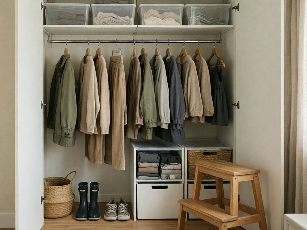 Kids' closet with a lowered rod of neutral fall clothes, low bins below and storage bins on the top shelf