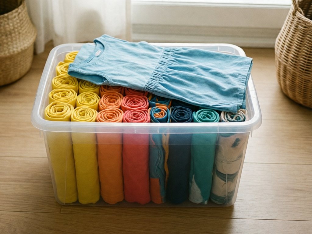 Open clear bin of rolled, colorful summer kids' clothes grouped by type, with a folded blue sundress on top
