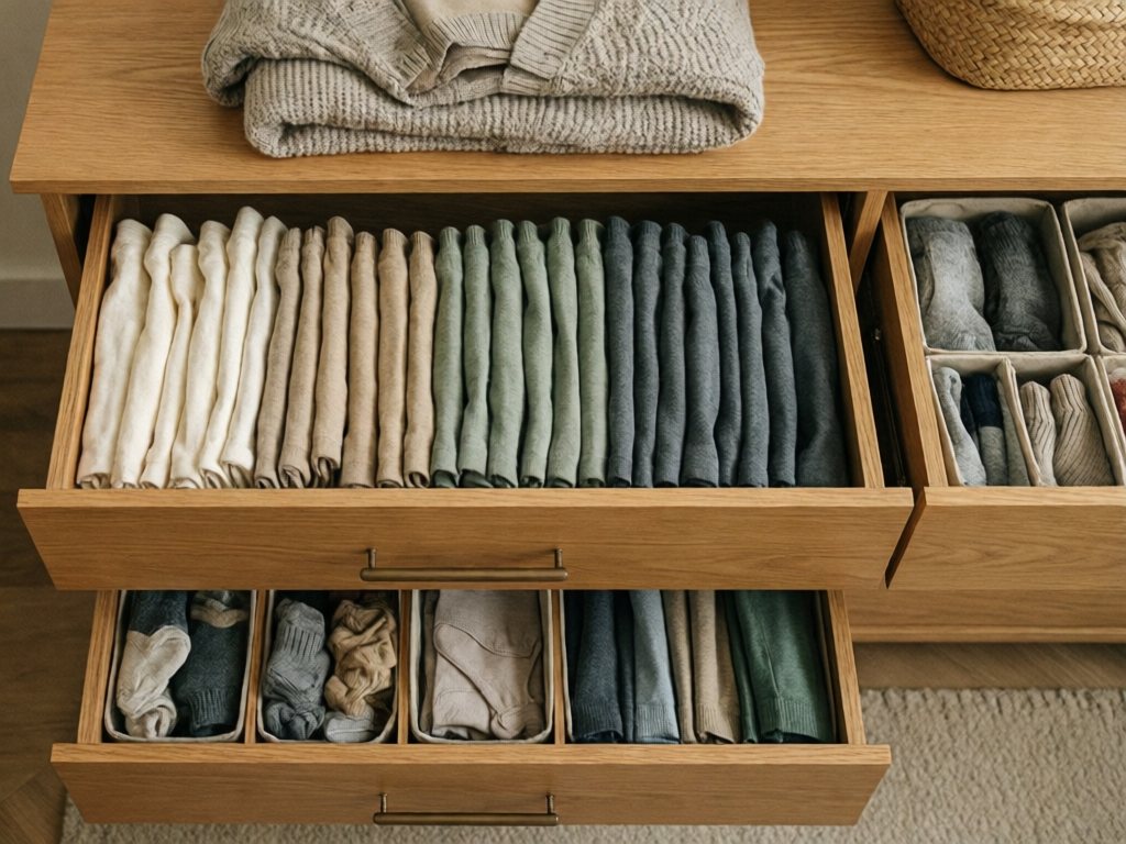 Open dresser drawer with kids' tees and leggings folded upright, and a drawer of socks in divider bins