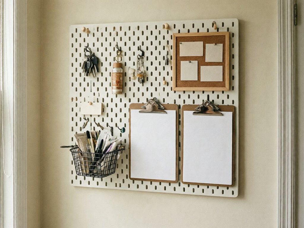 White pegboard command center mounted high on a cream wall, with small metal hooks holding keys, a wire basket of pens, two clipboards and a small cork board with cards pinned