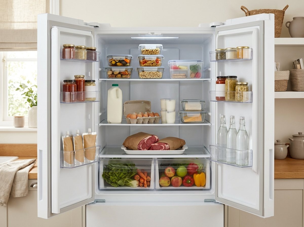 Open organized fridge with leftovers on top, dairy in the middle, raw meat in a tray on the bottom shelf